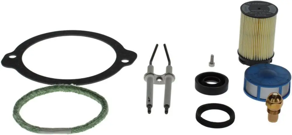 BOSCH-Service-Set mit verschiedenen Komponenten, darunter Dichtungen, Zündkerzen, ein Filter und Halterungen, angeordnet auf hellem Hintergrund.